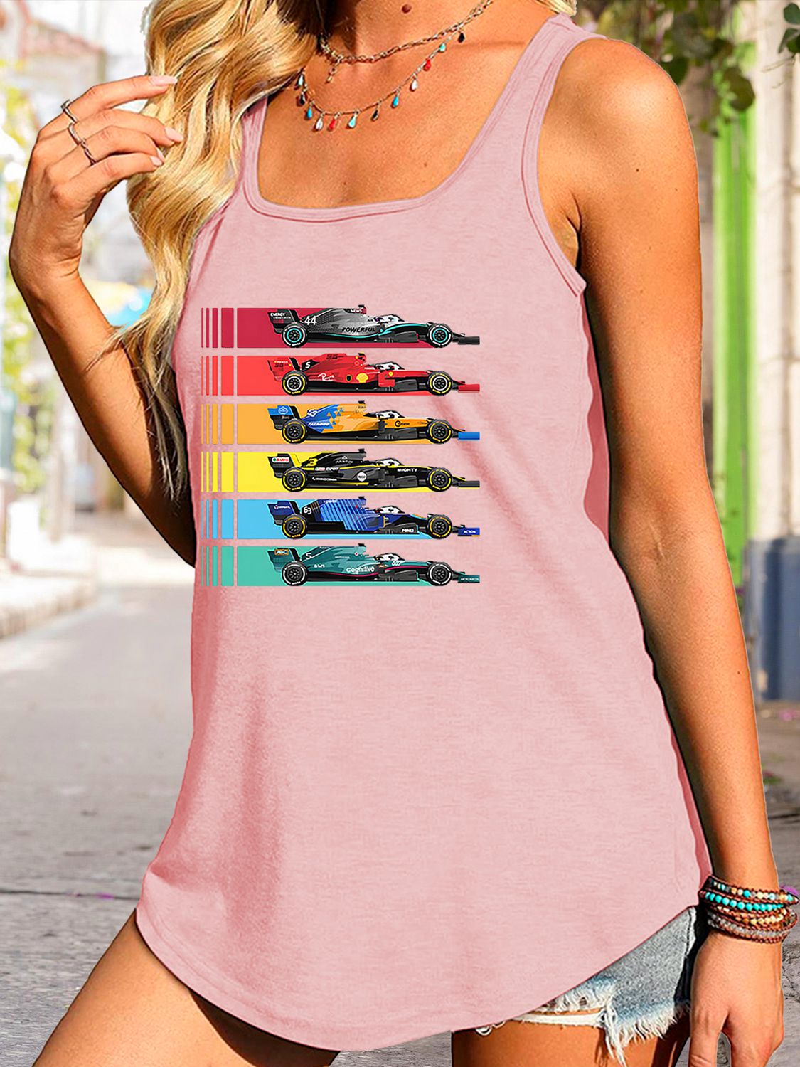 Stilla | Neck Race Car Graphic Tank Top