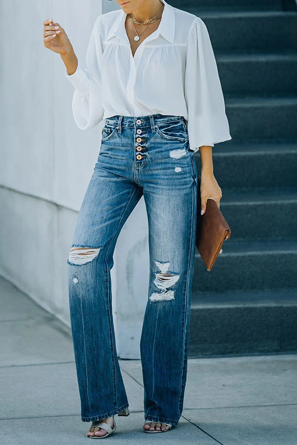 Stilla | Marcos Høj Talje Distressed Knap 90's Flare Denim
