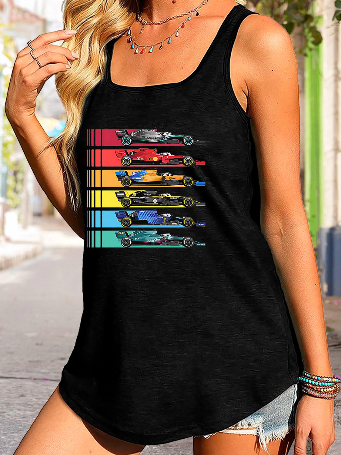 Stilla | Neck Race Car Graphic Tank Top