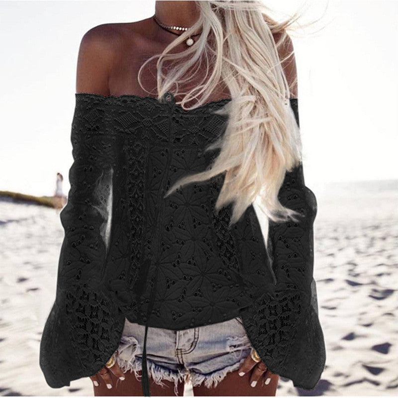 Damebluse med off-shoulder-design og filigran hæklede mønster Stilla