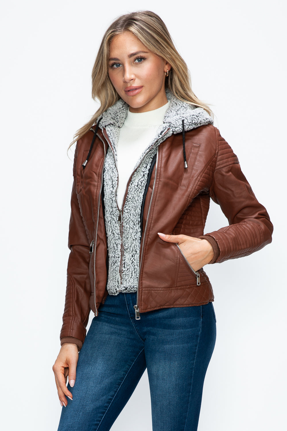 Stilla | Faux Layered Double-Zipper Jacket with Fuzzy Hood
