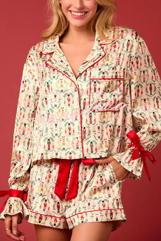 Stilla | Juletryk Snøring Manchet Top og elastisk Talje Bælte Lommer Fritids Shorts Sæt