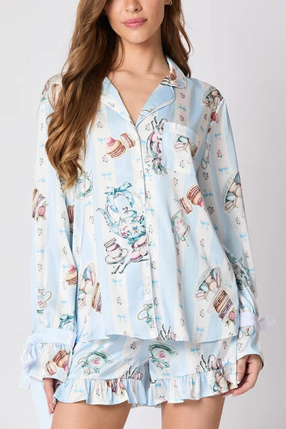 Stilla | Jul Mode Trykt Slips Top og Elastisk Talje Rynkede Shorts Sæt