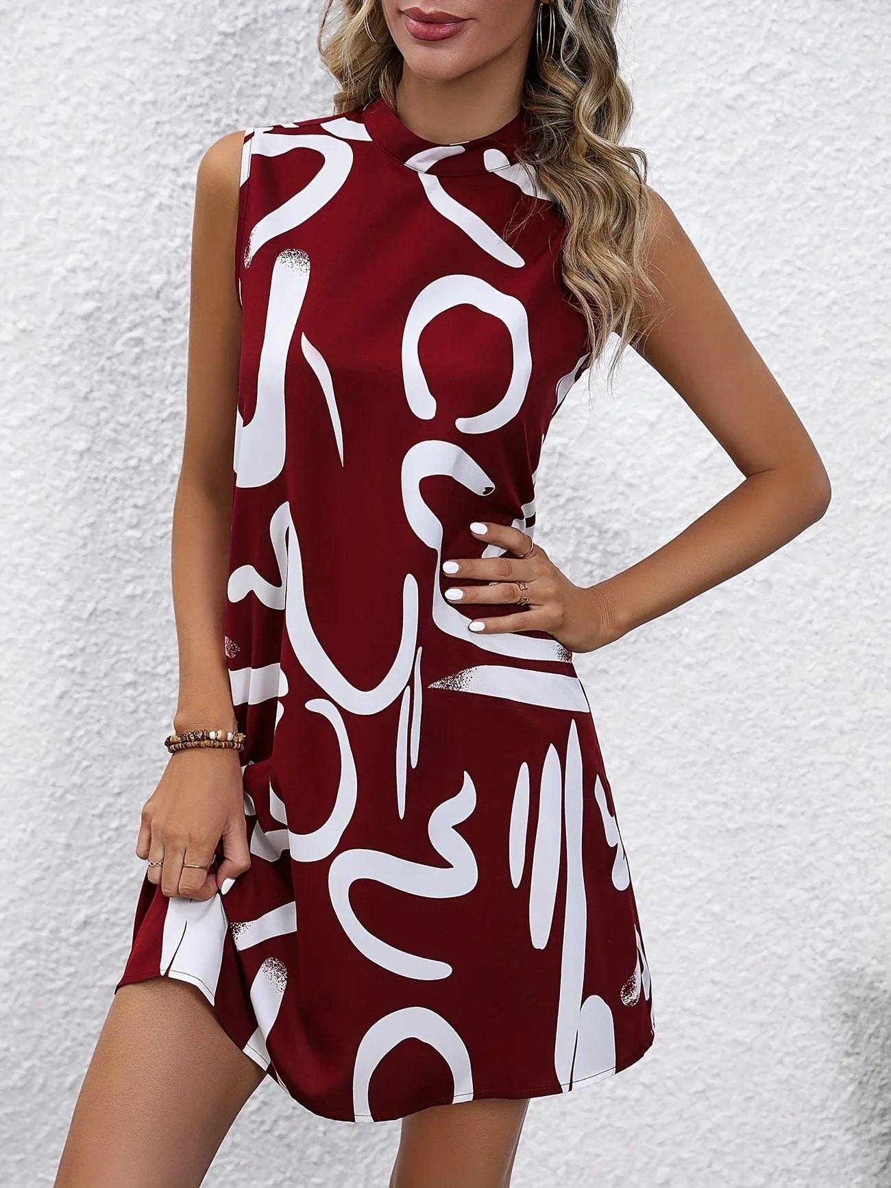 Stilla | Brush Print Mock Neck Sleeveless Elegant Kjole Til Hverdag