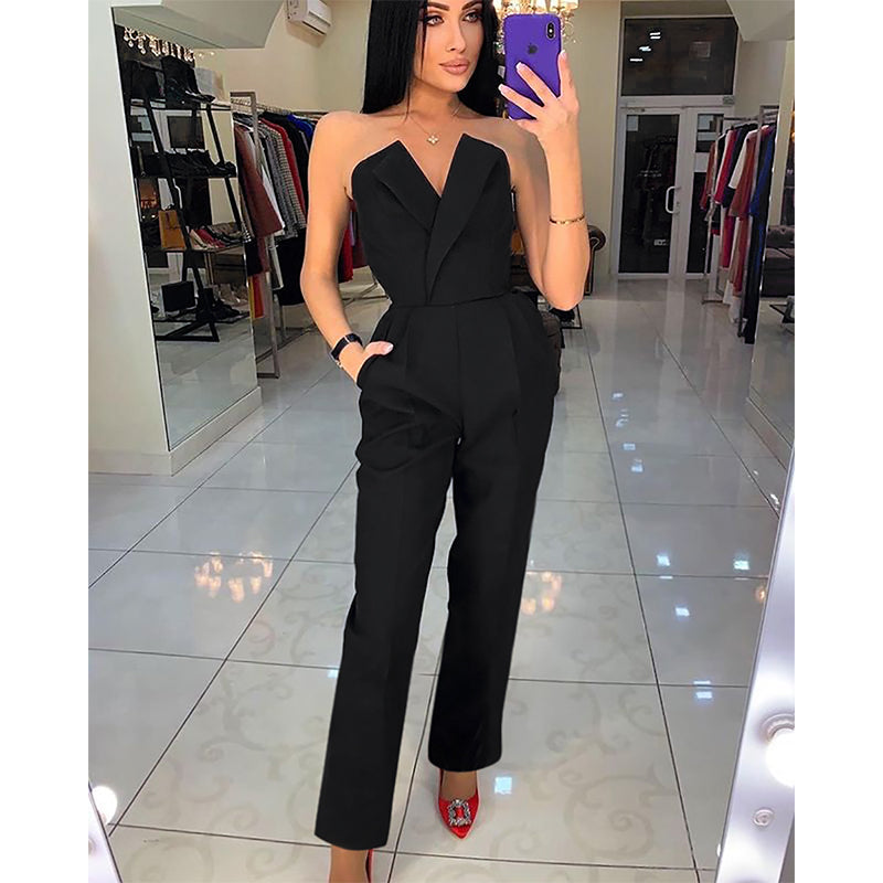Stilla | Off Shoulder Sexy V-hals Lang Bukser Jumpsuit