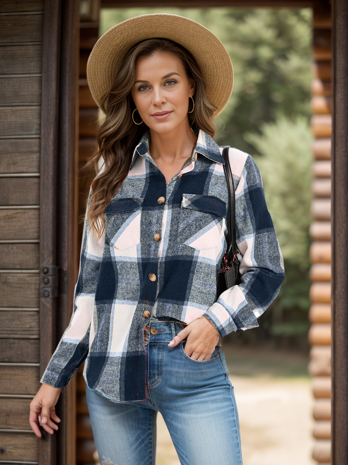 Stilla | Plus Size Pocketed Plaid Collet Hals Shacket