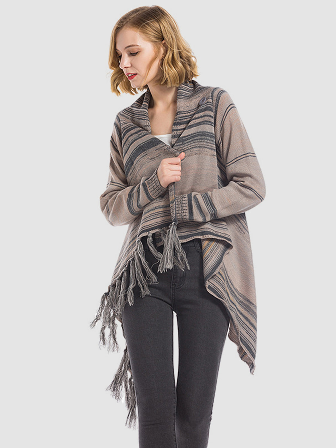 Stilla | Vinger Fringe Stribet Åben Front Langærmet Cardigan