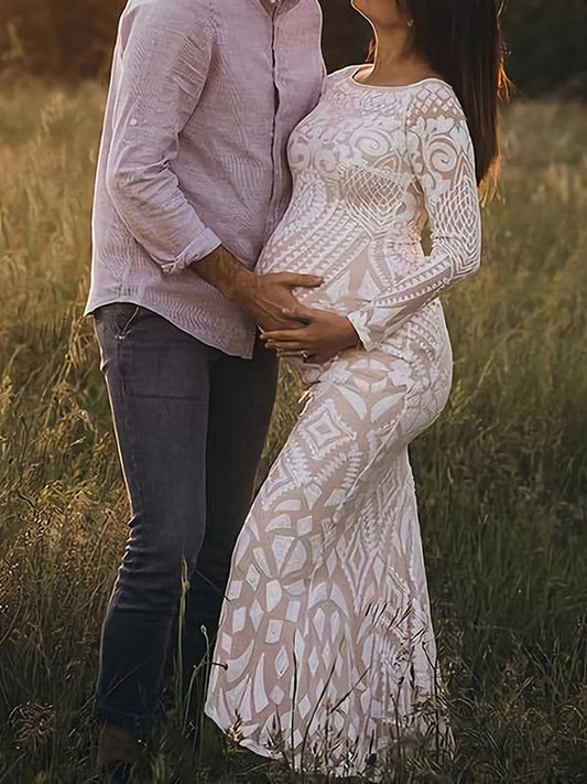 Stilla | Hvid Dækpude Pailletter Bare Skuldre Fishtail Elegante Tynd Bubble Ærme Fest Maxi Kjoler Fotografisk Gravidkjole