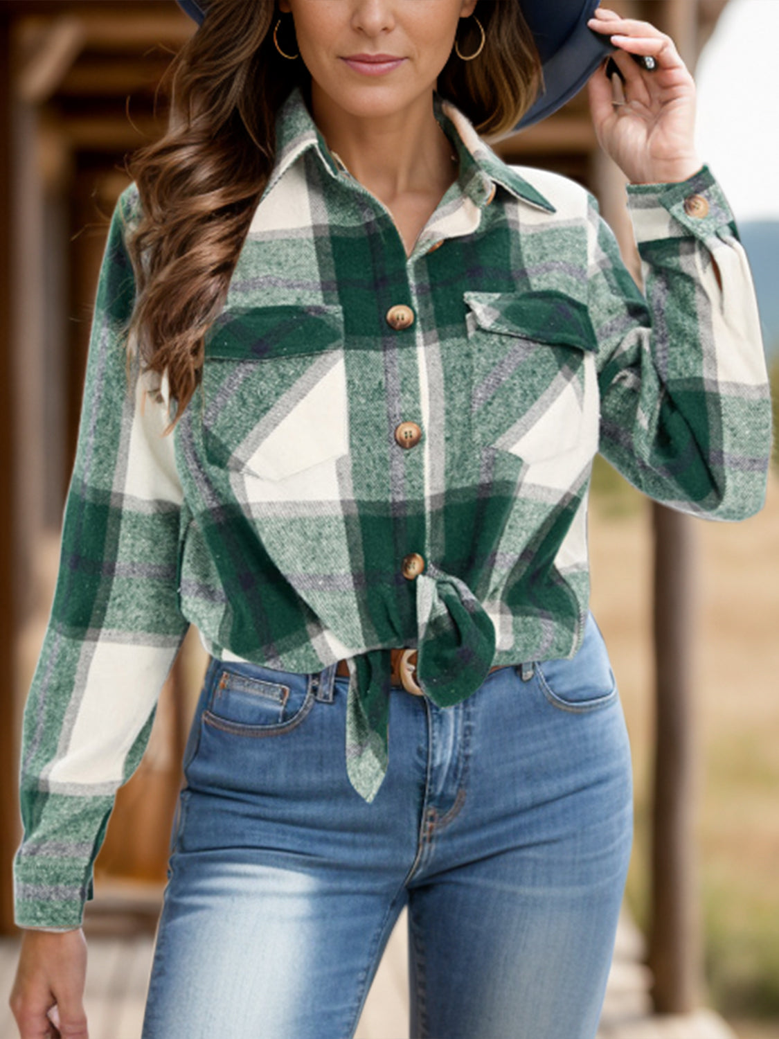 Stilla | Plus Size Pocketed Plaid Collet Hals Shacket