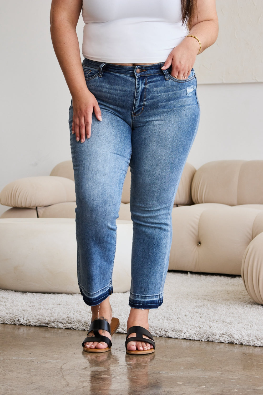 Stilla | Blå Full Size Release Hem Cropped Bootcut Jeans