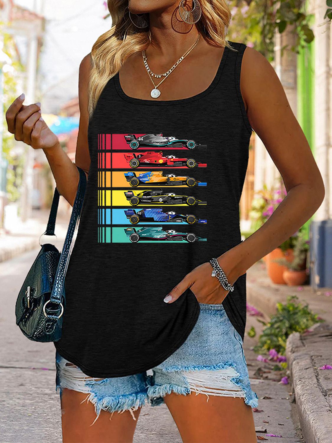Stilla | Neck Race Car Graphic Tank Top