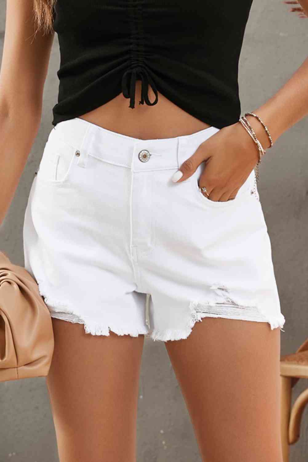 Stilla | Hem Distressed Denim Shorts Med Lommer