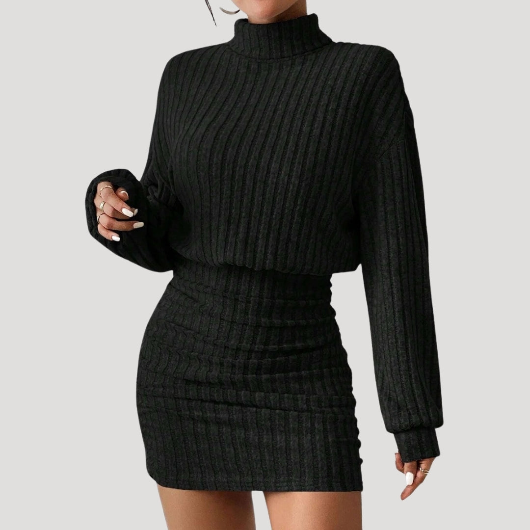 Stilla | Kvinders Ribbet Strikket Turtleneck Mini Kjole
