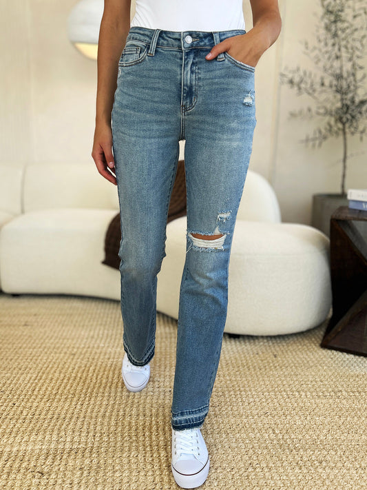 Stilla | Blå fuld størrelse mid rise ødelagt kant slidte jeans