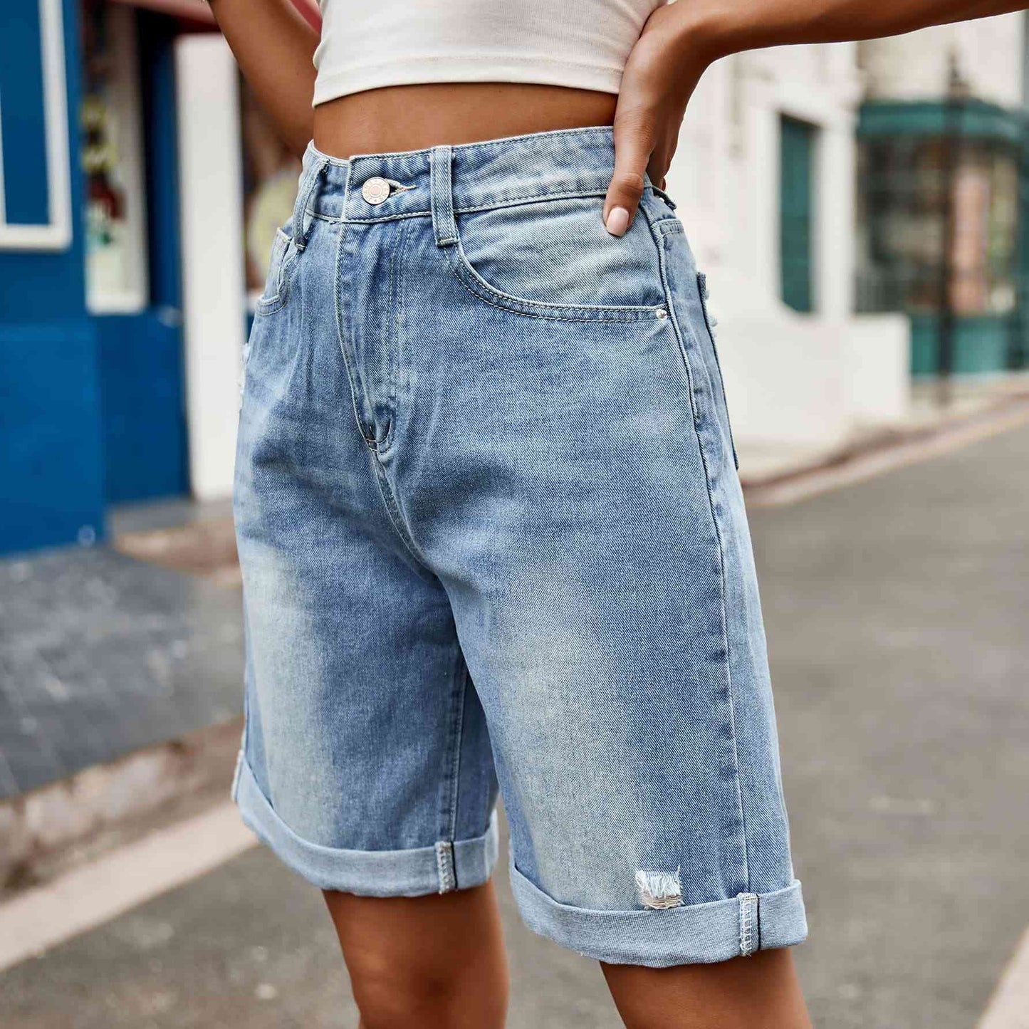 Stilla | Knappede Denim Shorts Med Lommer