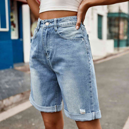 Stilla | Knappede Denim Shorts Med Lommer