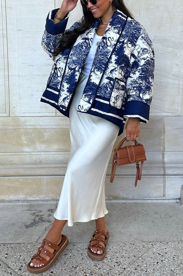 Stilla | Songs Porcelæns Tinte Trykt Taske Stoppet Bomulds Kimono Jakke