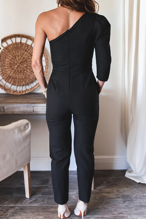 Stilla | Moonlight Romance One Shoulder Side Drape Jumpsuit