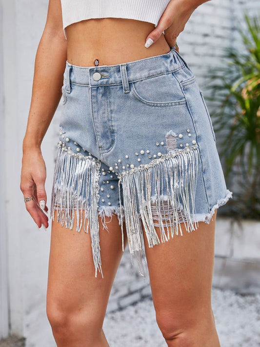 Stilla | Perle trim denim shorts med lommer