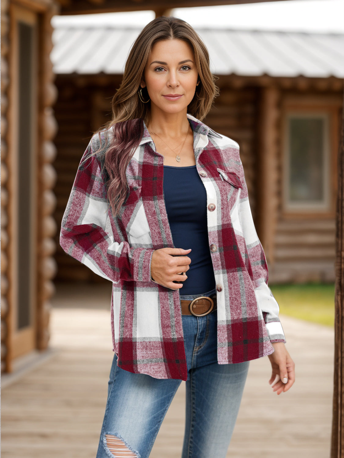 Stilla | Plus Size Pocketed Plaid Collet Hals Shacket