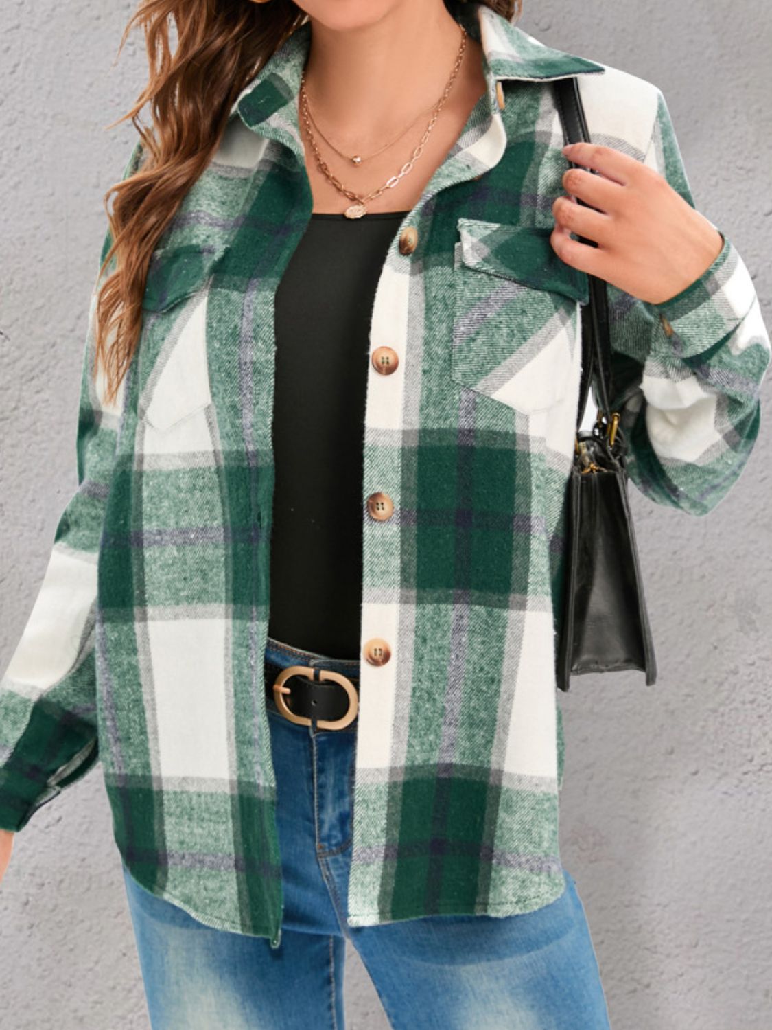 Stilla | Plus Size Pocketed Plaid Collet Hals Shacket