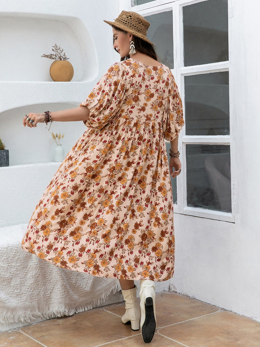 Stilla | Plus Size Printed Tie Neck Half Sleeve Midi Dress