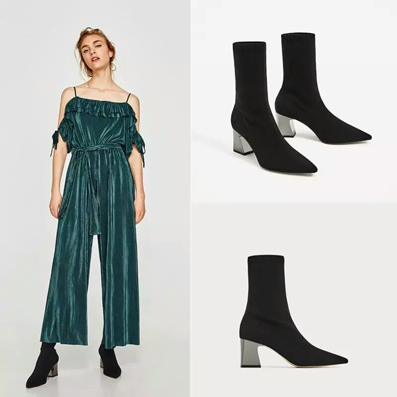 Dame elegant højhælet støvle med smidig strik og blank blokhæl Stilla