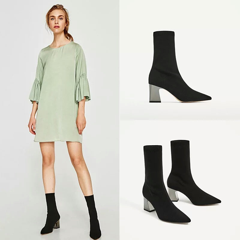 Dame elegant højhælet støvle med smidig strik og blank blokhæl Stilla