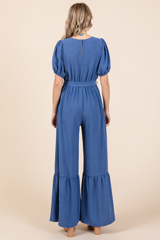 Stilla | Full Size V-hals Bælte Bred Ben Jumpsuit