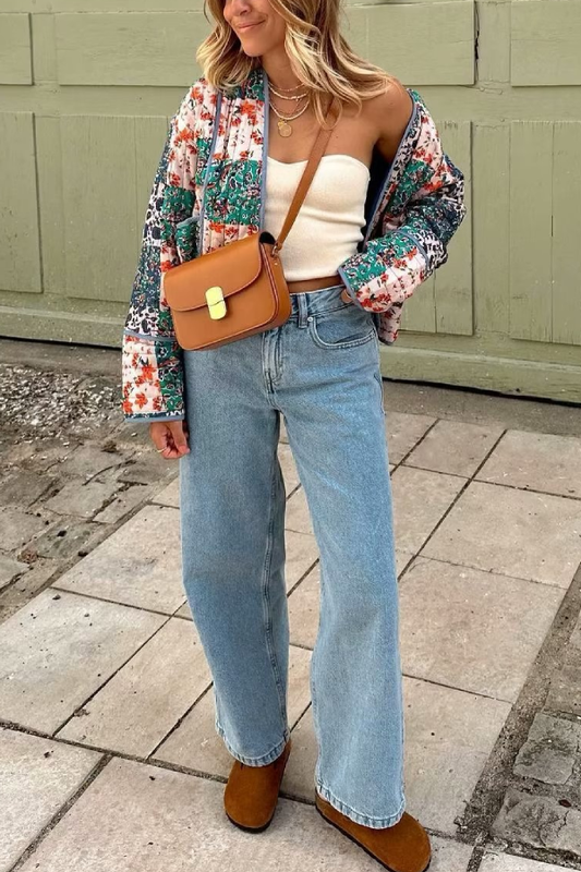 Stilla | Trykt løs afslappet cardigan kort quiltet bomuldsjakke