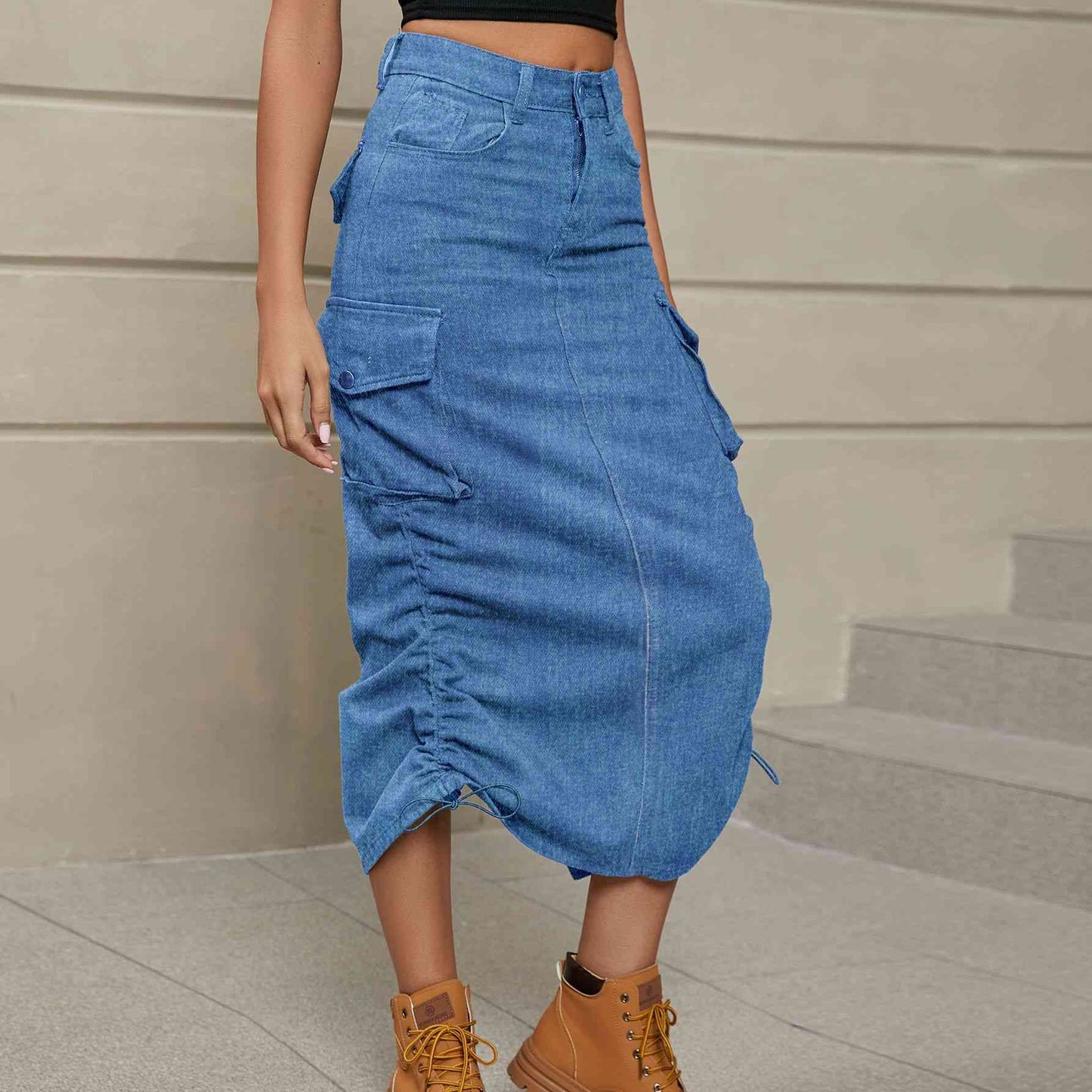 Stilla | Rynket Slids Denim Midi Nederdel