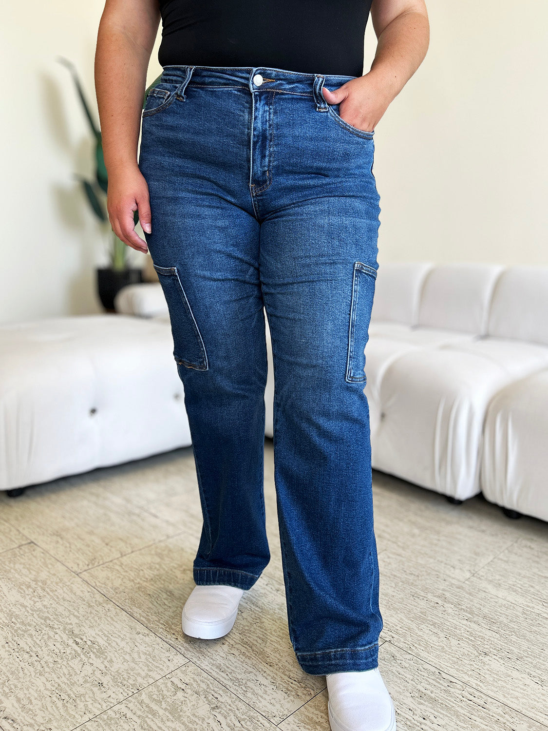 Stilla | Blå Fuld Størrelse Høj Talje Lige Cargo Jeans
