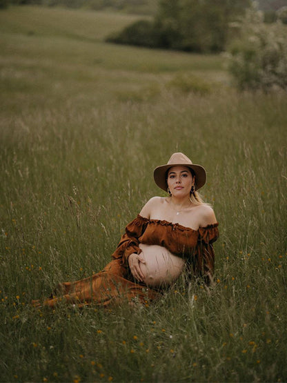 Stilla | Marrone 2 in 1 Boemia Rynker Snore Skuldre Ude Maxi Fotografisk Maternity Kjoler