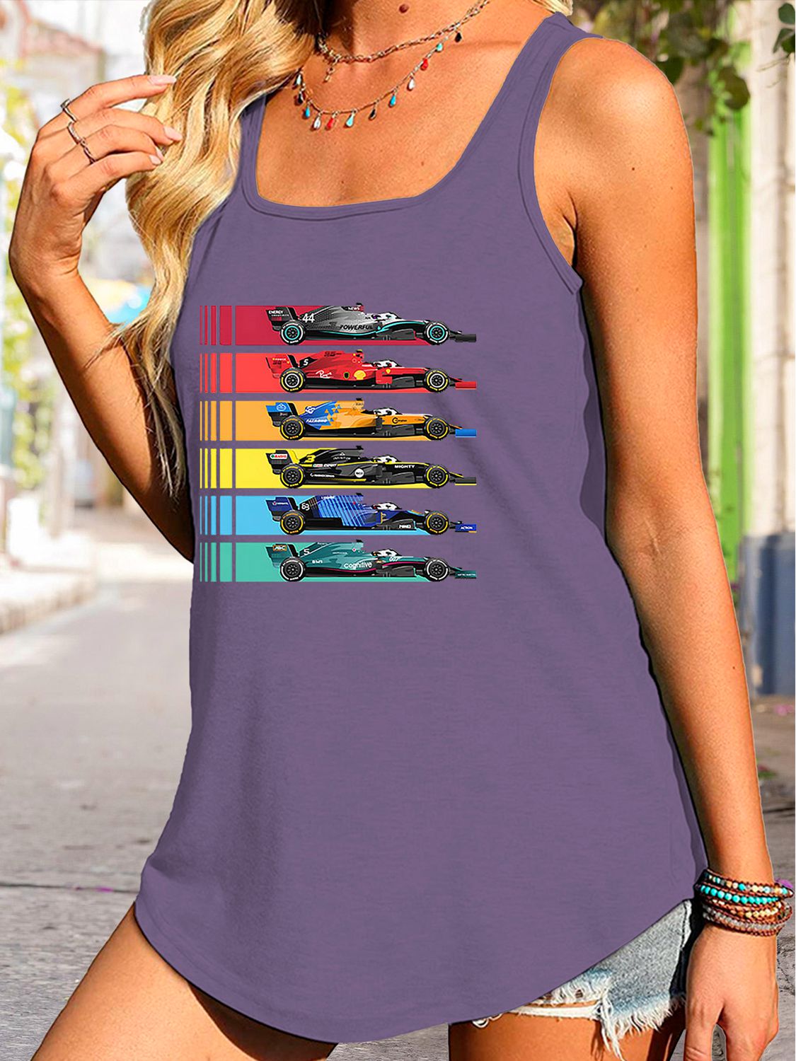 Stilla | Neck Race Car Graphic Tank Top