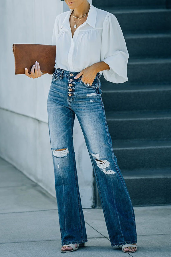 Stilla | Marcos Høj Talje Distressed Knap 90's Flare Denim