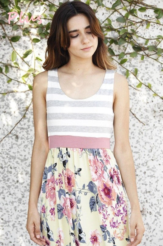 Stilla | Gul Blomster Grå Stripe Top Maxi Kjole