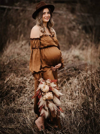 Stilla | Marrone 2 in 1 Boemia Rynker Snore Skuldre Ude Maxi Fotografisk Maternity Kjoler