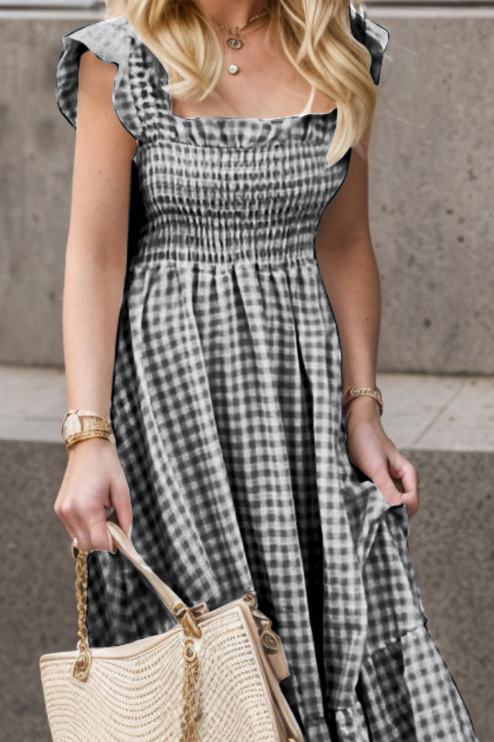 Stilla | Str. Smocked Ruffled Plaid Ruffle Hem Kjole