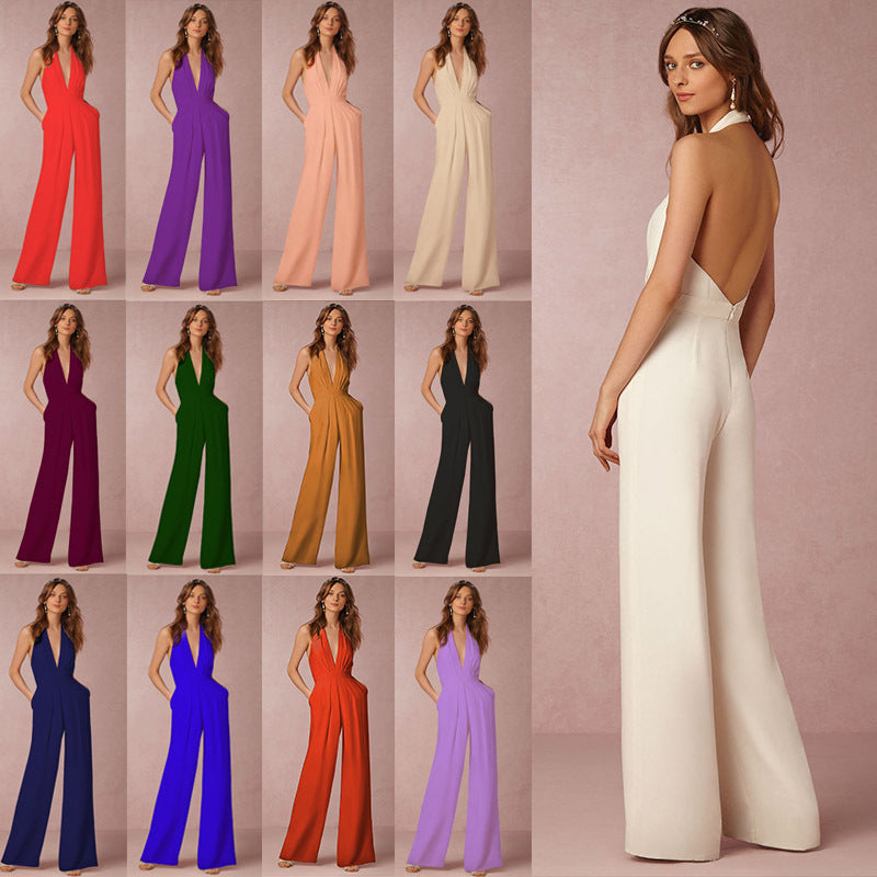 Dame Elegant Jumpsuit med dyb rygudskæring og bredt ben Stilla