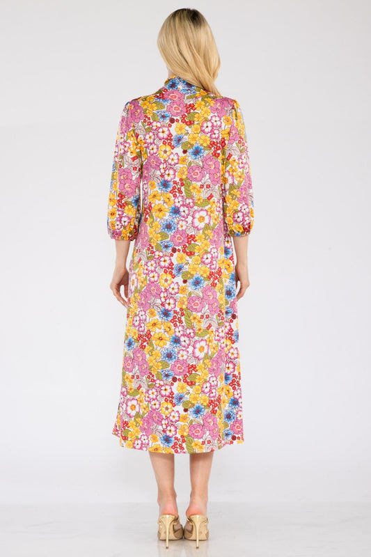 Stilla | Full Size Floral Midi Kjole Med Sløjfe Bundet