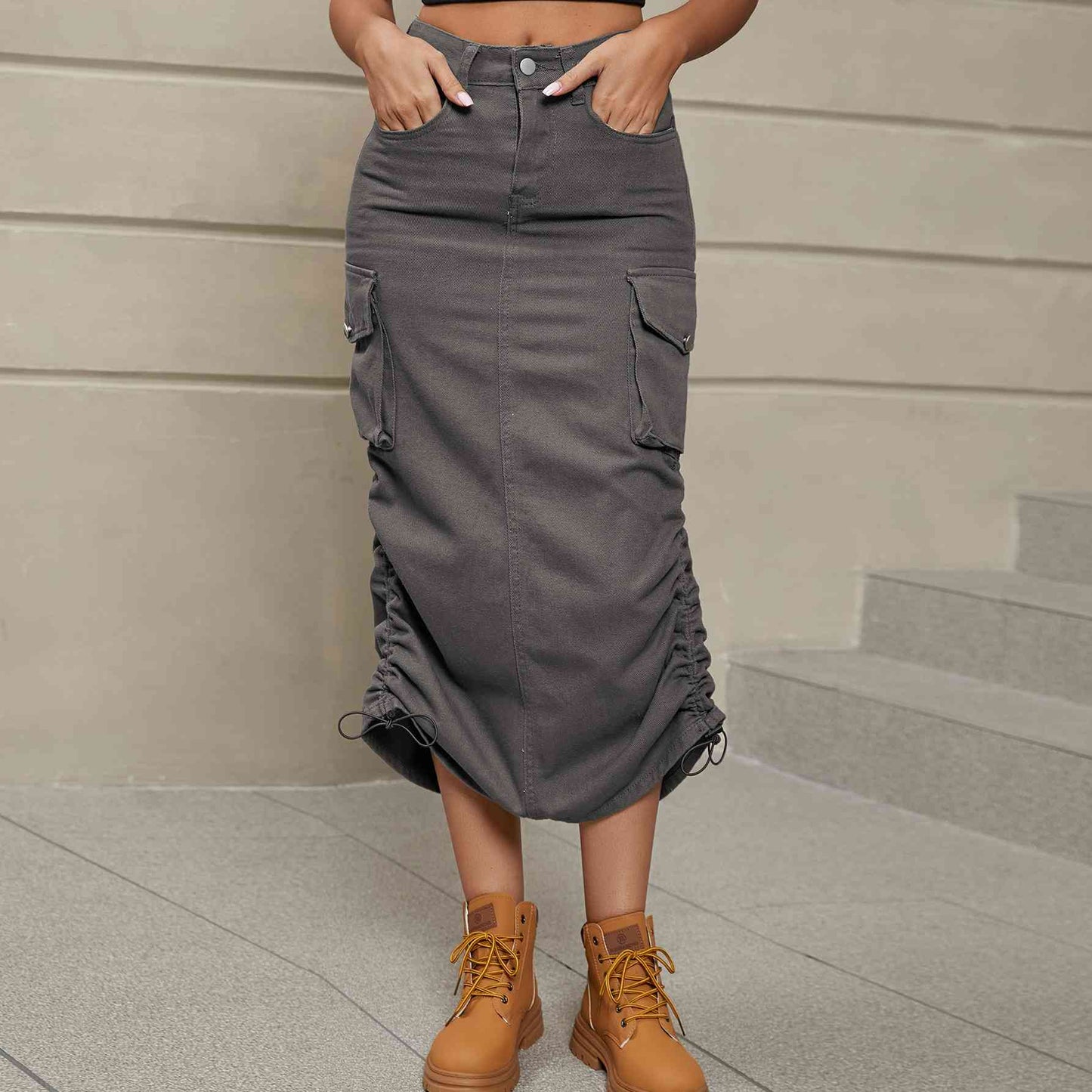 Stilla | Rynket Slids Denim Midi Nederdel