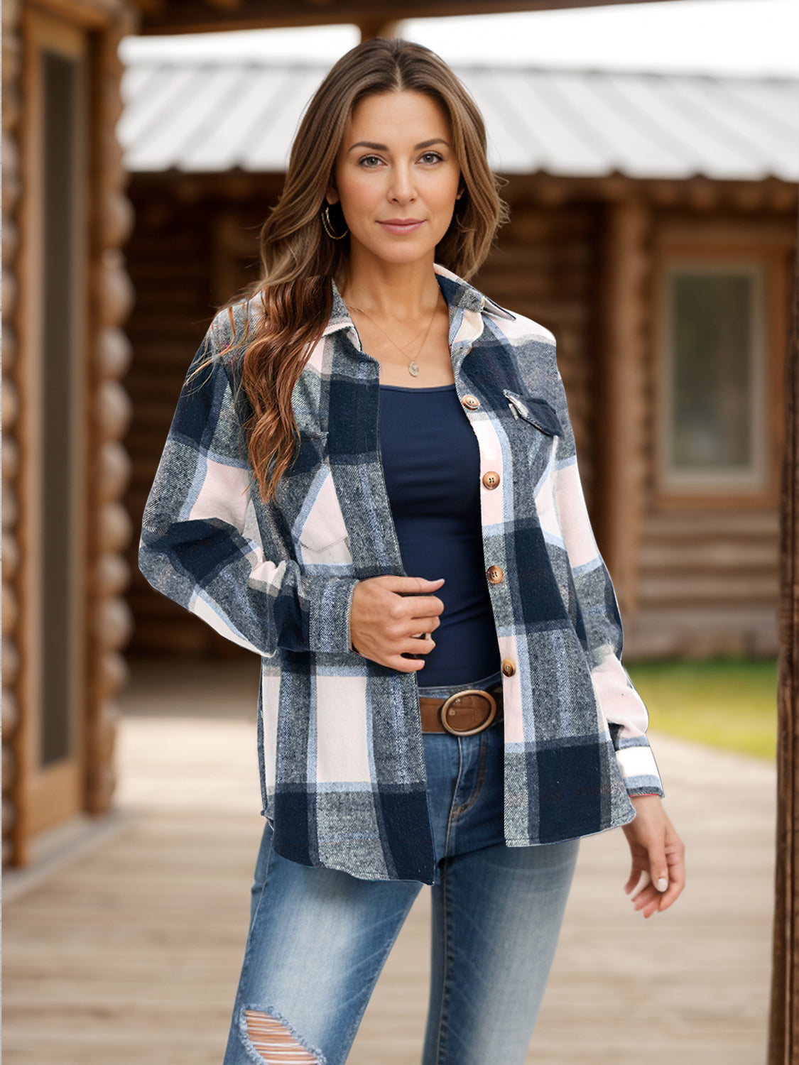 Stilla | Plus Size Pocketed Plaid Collet Hals Shacket