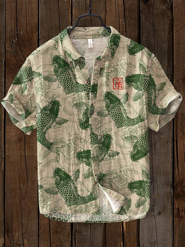 Stilla | Vintage Fisk Skjorte i Japansk Kunst i Hørblanding
