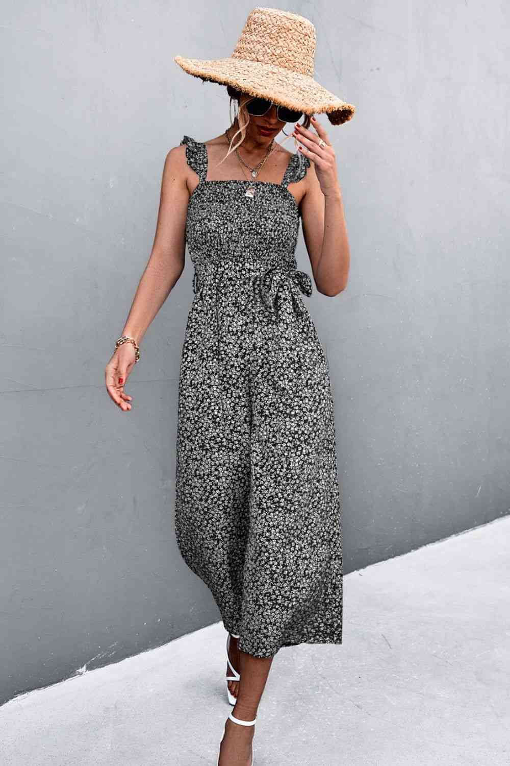 Stilla | Ruffle Strap Smocked Belted Jumpsuit