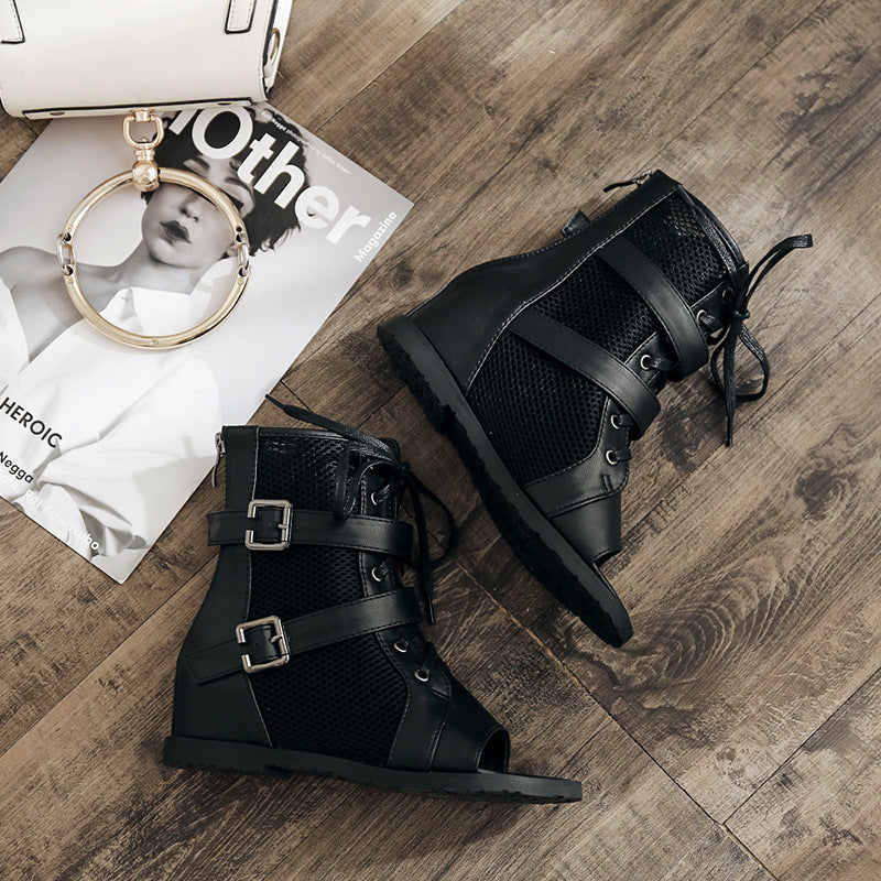 Dame Åben Snørestøvler med mesh- og læderkombination og dekorative spænder Stilla