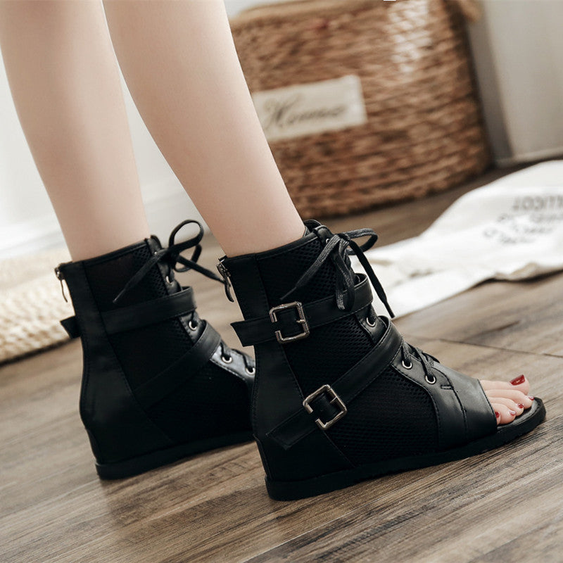 Dame Åben Snørestøvler med mesh- og læderkombination og dekorative spænder Stilla