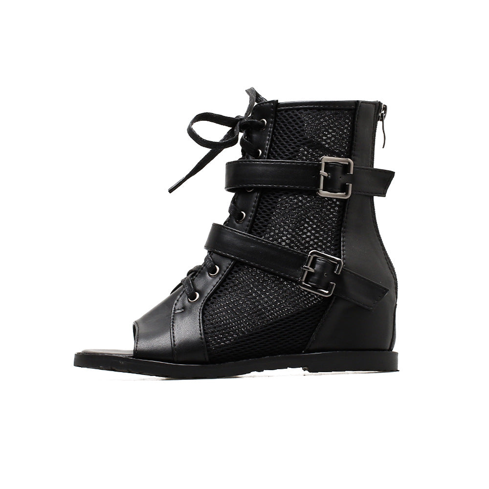 Dame Åben Snørestøvler med mesh- og læderkombination og dekorative spænder Stilla