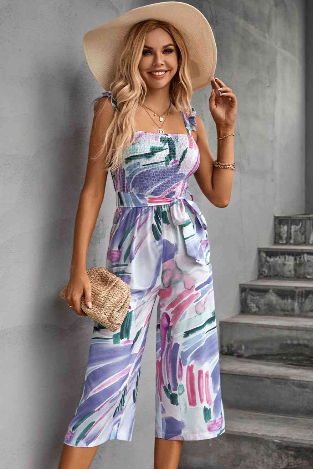 Stilla | Ruffle Strap Smocked Belted Jumpsuit