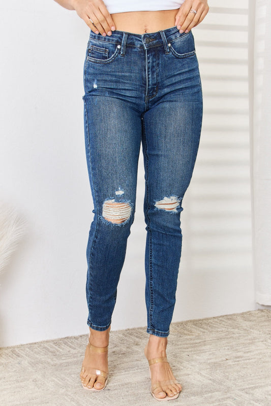 Stilla | Blå Full Size Mellemhøj Talje Distressed Slim Jeans