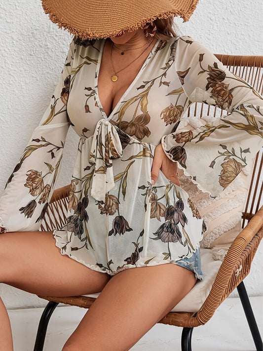 Stilla | Elegant Kjole Med Blomsternet, Neck, Lange Ærmer & Light Til Forår Og Sommer